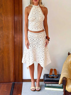Bohemian Openwork Knit Asymmetrical Midi Skirt Two-Piece Set