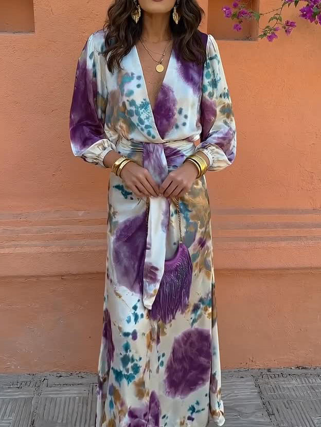 Elegant Watercolor Print Satin Long Sleeve Wrap Top
