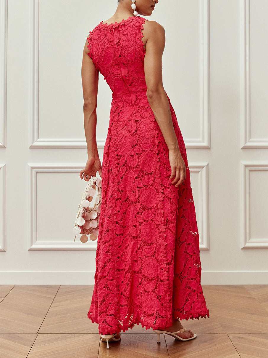 Elegant Lace Drawstring Waist Maxi Dress