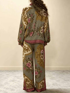 Retro Floral Baroque Print Satin Shirt & Wide-Leg Pants Set