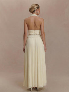 Backless Spaghetti Strap Crop Top &Pleated Maxi Skirt Two-Piece Set
