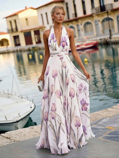 Elegant Tulip Print Pleated Chiffon Maxi Dress