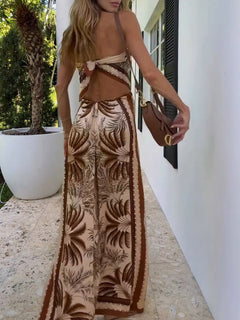 Retro Jungle Print Strapless Top & Wide-Leg Pants Two-Piece Set