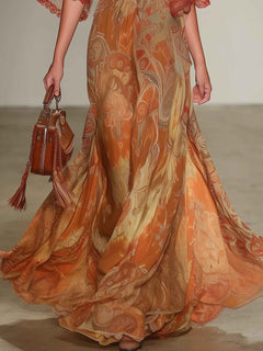Elegant Retro Paisley Print V-Neck Maxi Dress