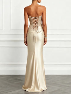 Elegant Floral Lace Strapless Satin Maxi Dress