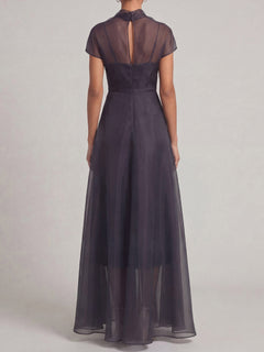 Elegant Sheer Overlay High-Neck Maxi Dress