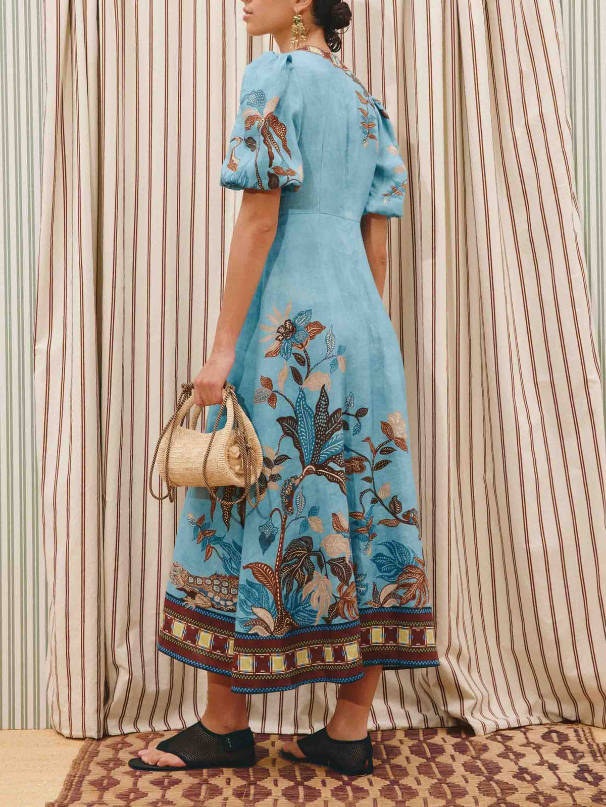 Elegant Vintage Floral Print Puff Sleeve Midi Dress