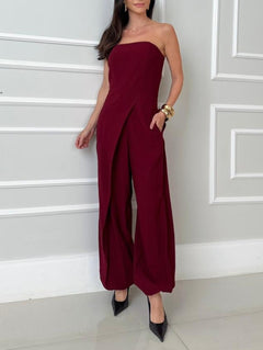Strapless Wrap Front Wide Leg Jumpsuit