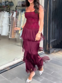Elegant Layered Fringe Spaghetti Strap Maxi Dress