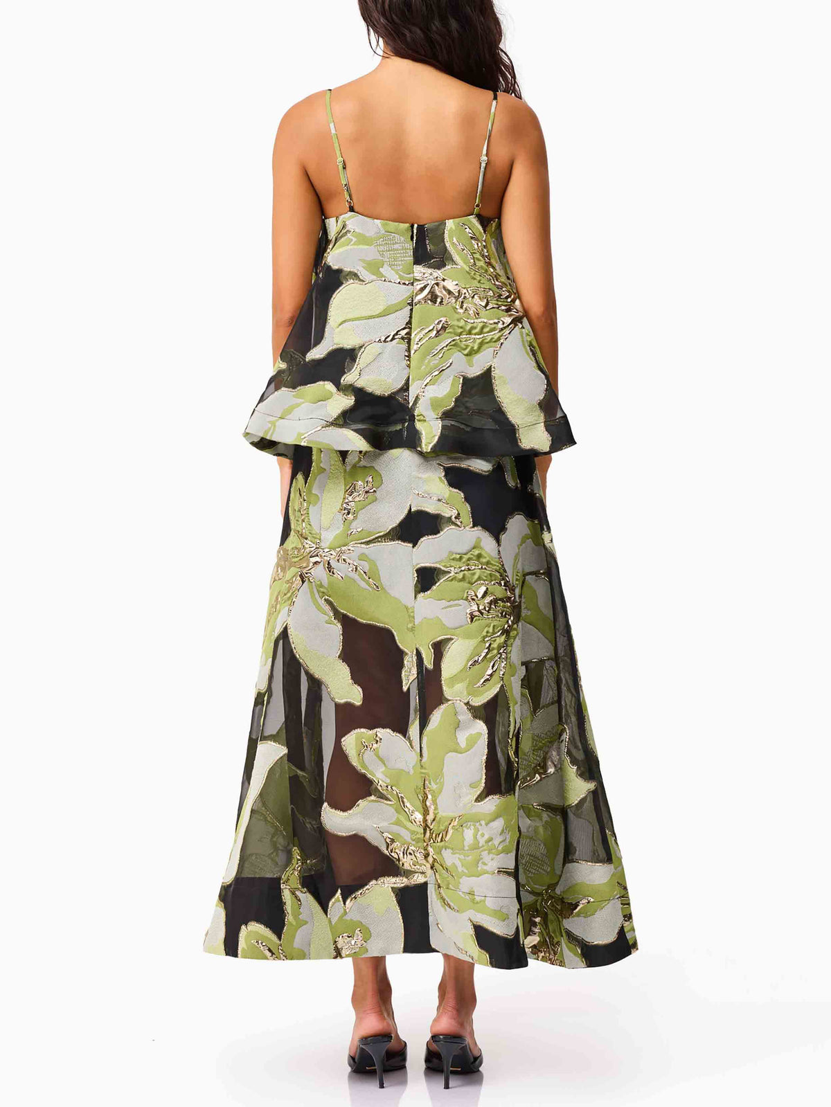 Elegant Jacquard Layered Spaghetti Strap Maxi Dress
