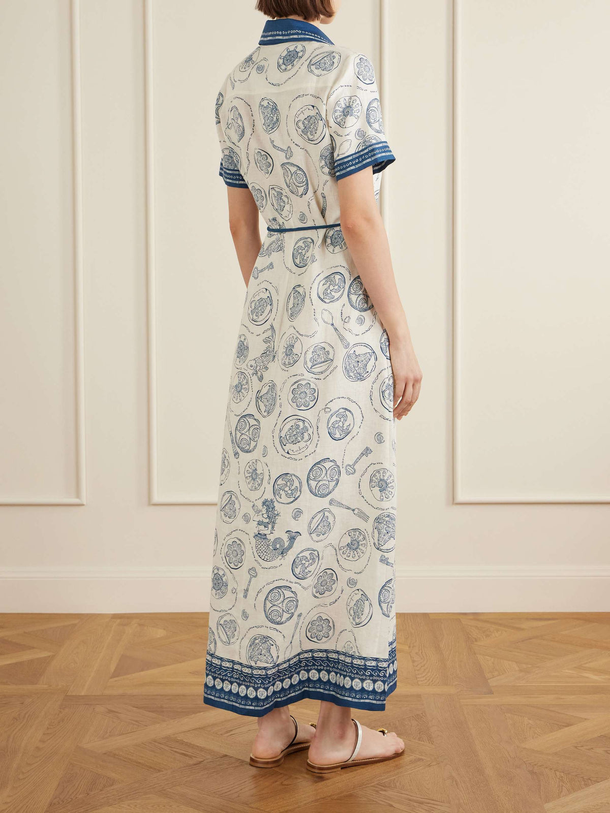 Casual Mediterranean Print Tie-Waist Collared Maxi Dress