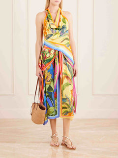 Tropical Print Halter Top & Draped Midi Skirt Two-Piece Set