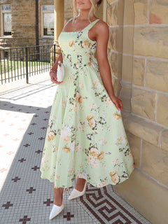 Elegant Floral Print Square Neck Midi Dress