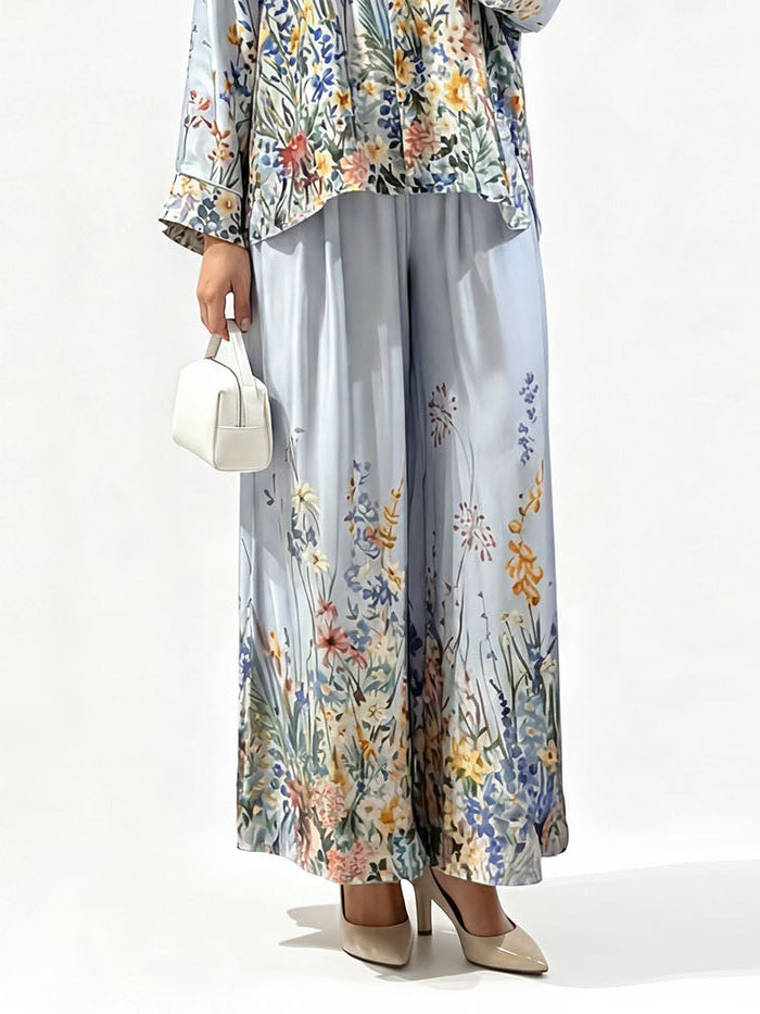 Elegant Floral Print Satin Button Shirt