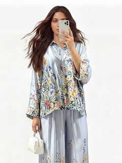 Elegant Floral Print Satin Button Shirt
