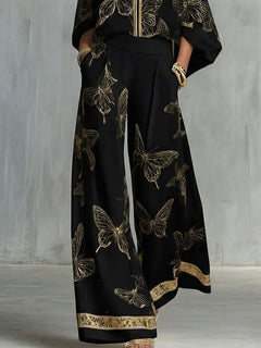 Elegant Butterfly Print Zip-Up Top & Wide Leg Pants Set