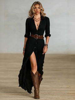 Casual Shirt Collar Hemie Style Button Maxi Dress