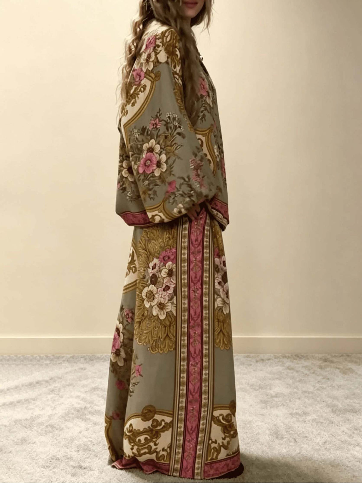 Retro Floral Baroque Print Satin Button-Up Shirt