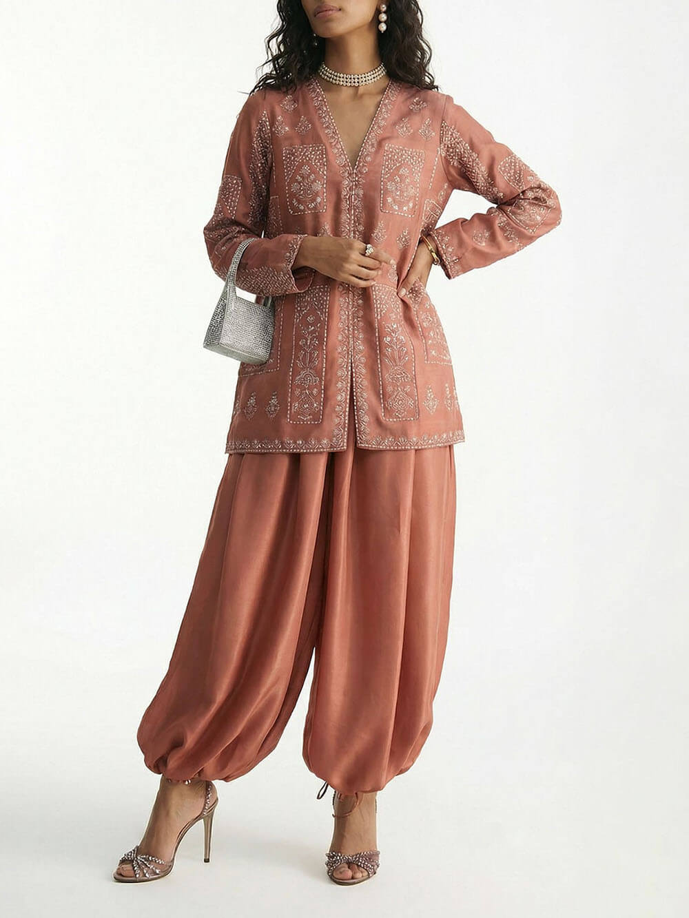Exquisite Embroidered Floral Shirt And Elastic Waist Satin Tapered Lantern Pants Set