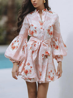 Elegant Rose Print Bow-Embellished Linen Mini Dress