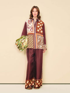 Unique Paisley Color-Block Satin Elastic Waist Wide-Leg Pants