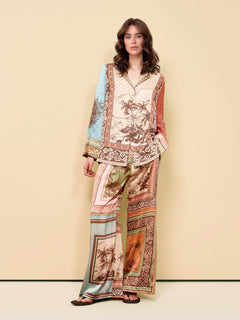 Unique Satin Floral Print Button-Up Shirt with Elastic Waist Pockets And Wide-Leg Pants Set