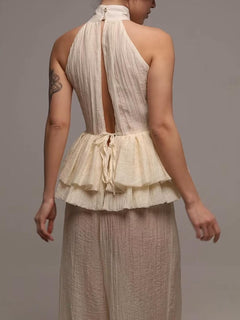 Elegant Ruffled Backless Top & Wide-Leg Pants Two-Piece Set