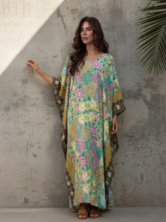 Modern Casual Peacock Print Kimono Beach Maxi Dress