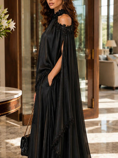 Elegant Lace-Trim Cape Sleeve Satin Pants Set