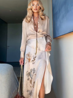 Elegant Knotted Blouse Paired With A Printed Skirt Two-piece Set