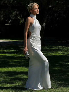 Elegant Satin Backless Ruched Bodycon Maxi Dress