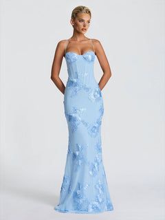 Elegant Floral Embroidered Spaghetti Strap Mermaid Maxi Dress