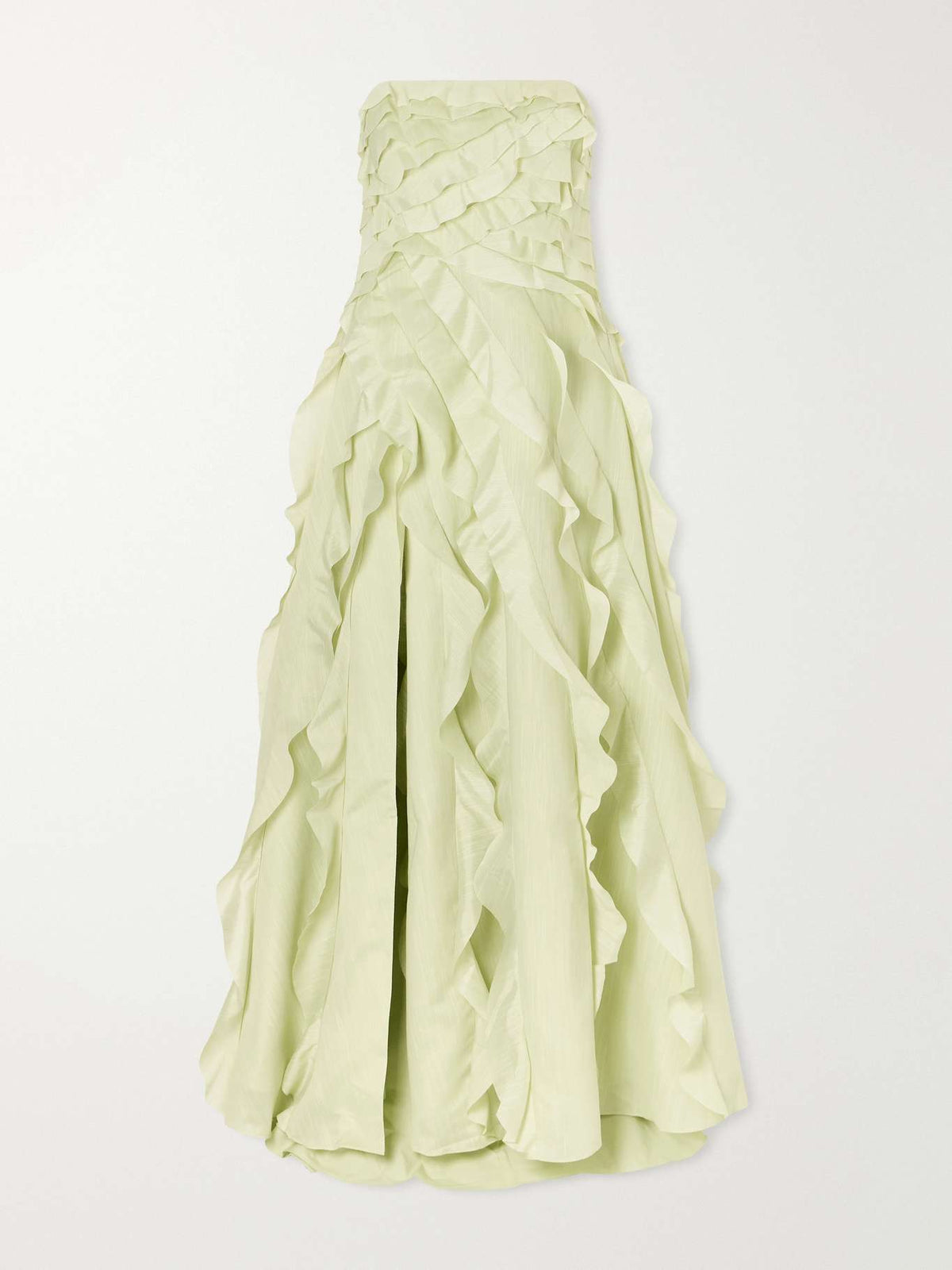 Cascading Ruffle Strapless High Slit Maxi Dress