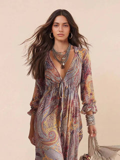 Retro Multicolor Swirl Print Flowy Maxi Dress