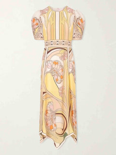 Elegant Vintage Floral Print Puff Sleeve Asymmetric Hem Midi Dress