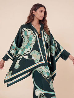 Elegant Abstract Print Satin Cape Sleeve Shirt