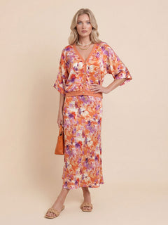 Exquisite Floral Print Satin Batwing Sleeve Shirt
