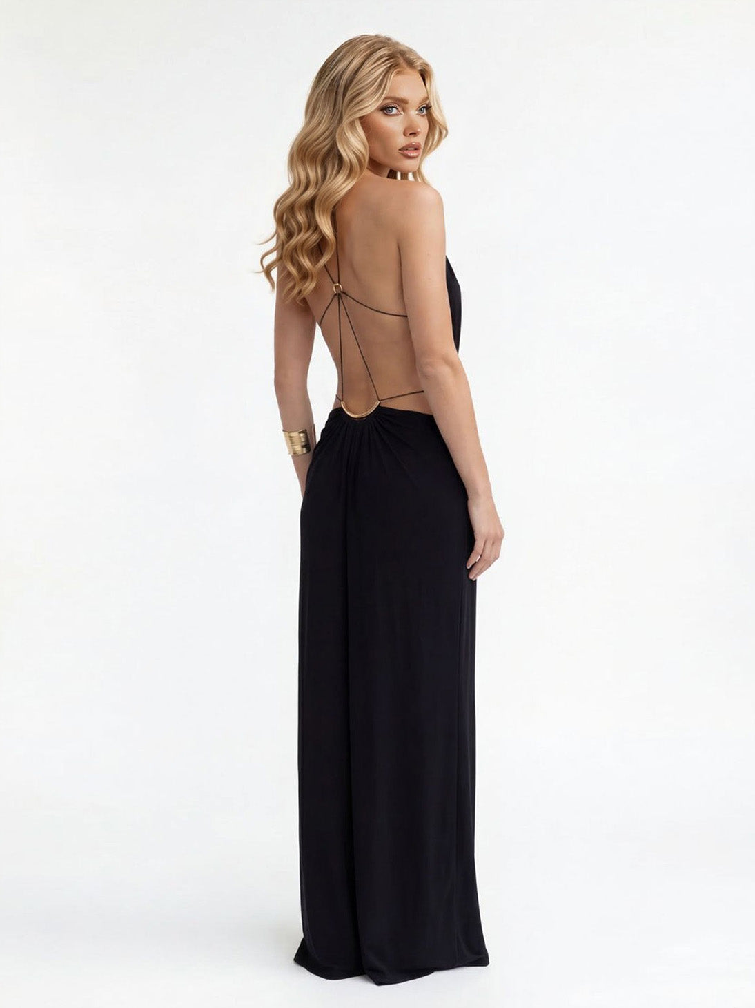 Sexy Metal Chain Cut-Out Backless Lace-Up Draped Maxi Dress