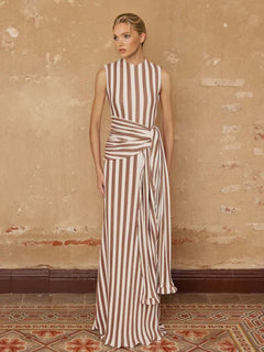 Elegant Striped Sleeveless Tie-Waist Maxi Dress