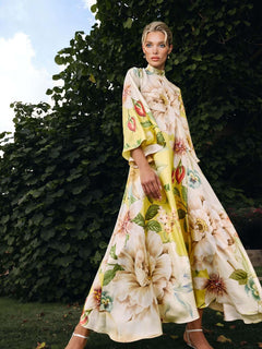 Elegant Floral Print Bell Sleeve Maxi Dress