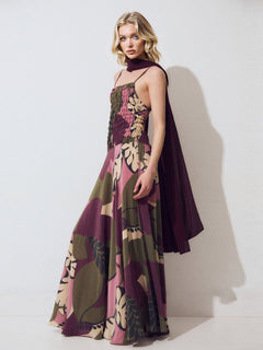 Smocked Bodice Tropical Leaf Print Spaghetti Strap Maxi Dress