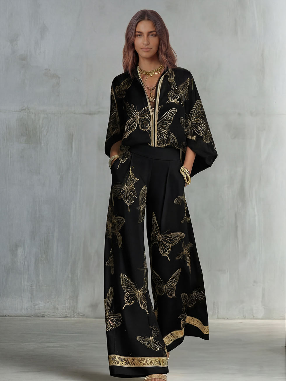 Elegant Butterfly Print Zip Shirt