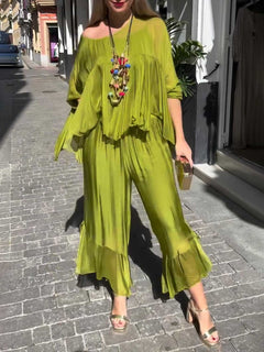 Elegant Asymmetrical Top & Ruffle Wide-Leg Pants Two-Piece Set