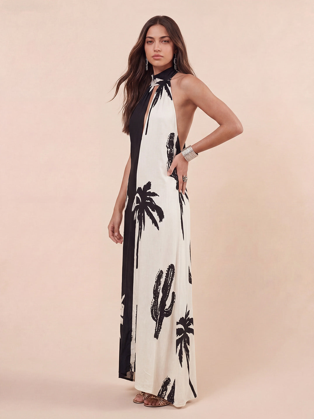 Bohemian  Palm Print Colorblock Halter Neck Maxi Dress