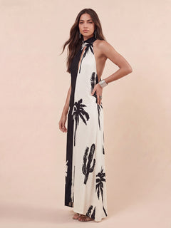 Bohemian  Palm Print Colorblock Halter Neck Maxi Dress
