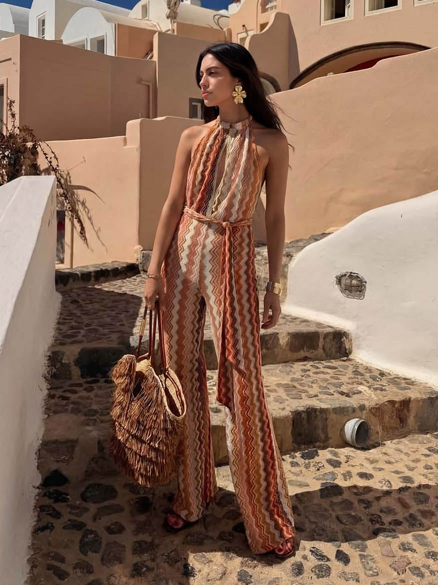 Casual Wave Print Halter Neck Jumpsuit