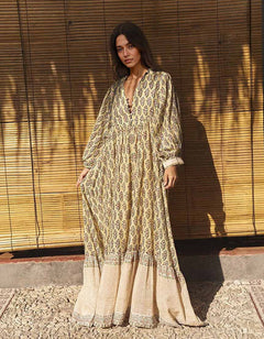 Retro Casual Print V-Neck Tiered Flowing Beach Maxi Dress