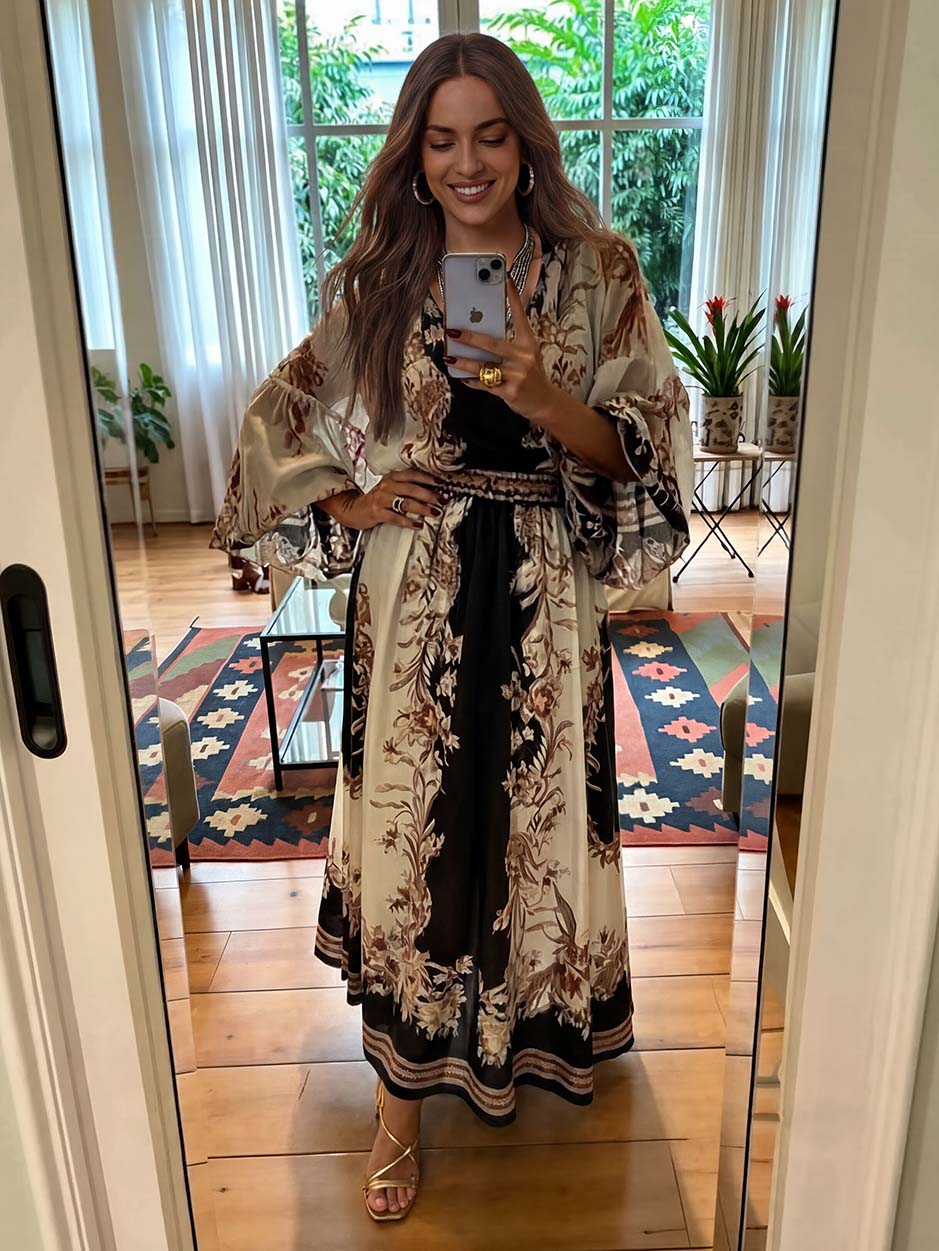 Elegant Retro Ethnic Print Two-Piece Dress