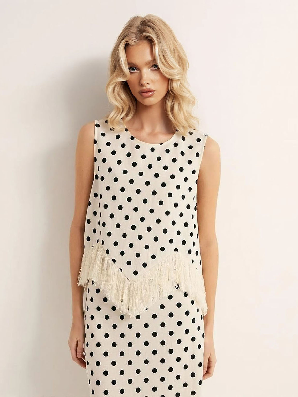 Elegant Polka Dot Fringed Asymmetrical Skirt Two-Piece Set