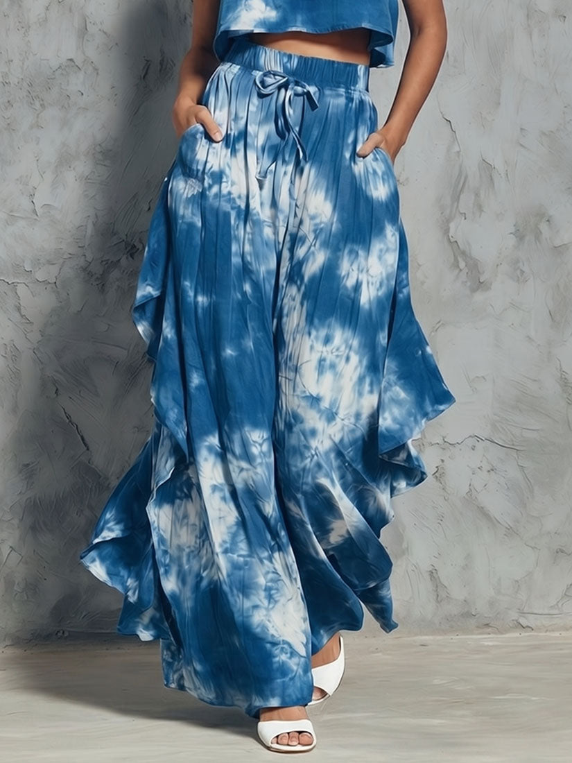 Casual Tie-Dye Sleeveless Top & Wide-Leg Pants Set
